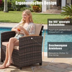 Rattan Balkonset inkl. 2 Stühle mit Kissen & Tisch aus Glas Outdoor Sitzgruppe Balkonmöbel Braun-Khaki