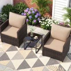 Rattan Balkonset inkl. 2 Stühle mit Kissen & Tisch aus Glas Outdoor Sitzgruppe Balkonmöbel Braun-Khaki