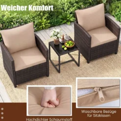 Rattan Balkonset inkl. 2 Stühle mit Kissen & Tisch aus Glas Outdoor Sitzgruppe Balkonmöbel Braun-Khaki