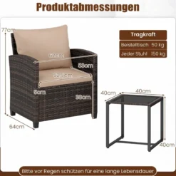 Rattan Balkonset inkl. 2 Stühle mit Kissen & Tisch aus Glas Outdoor Sitzgruppe Balkonmöbel Braun-Khaki