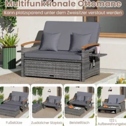 Rattan Gartenbank für Außenbereich 2-Sitzer Balkonmöbel und Ottomane mit Stauraum