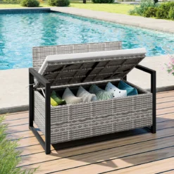 Rattan Gartenbank mit Stauraum Wetterfeste Balkontank mit Sitzkissen bis 360 kg Belastbar