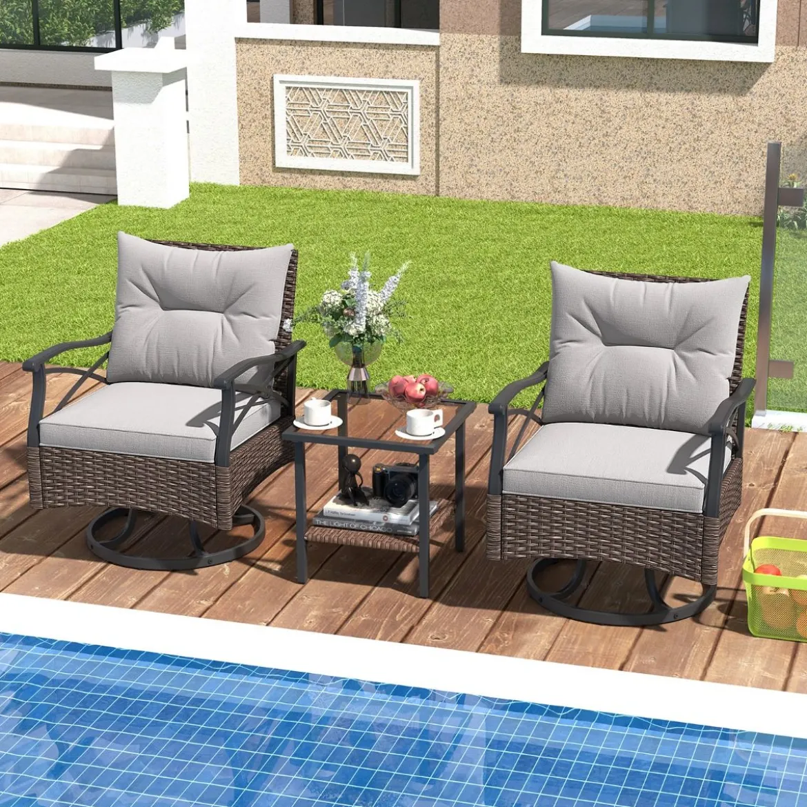 Rattan Gartenmöbel Set Balkonmöbel inkl. 2 Schaukelstühle mit Drehfunktion Gartengarnitur
