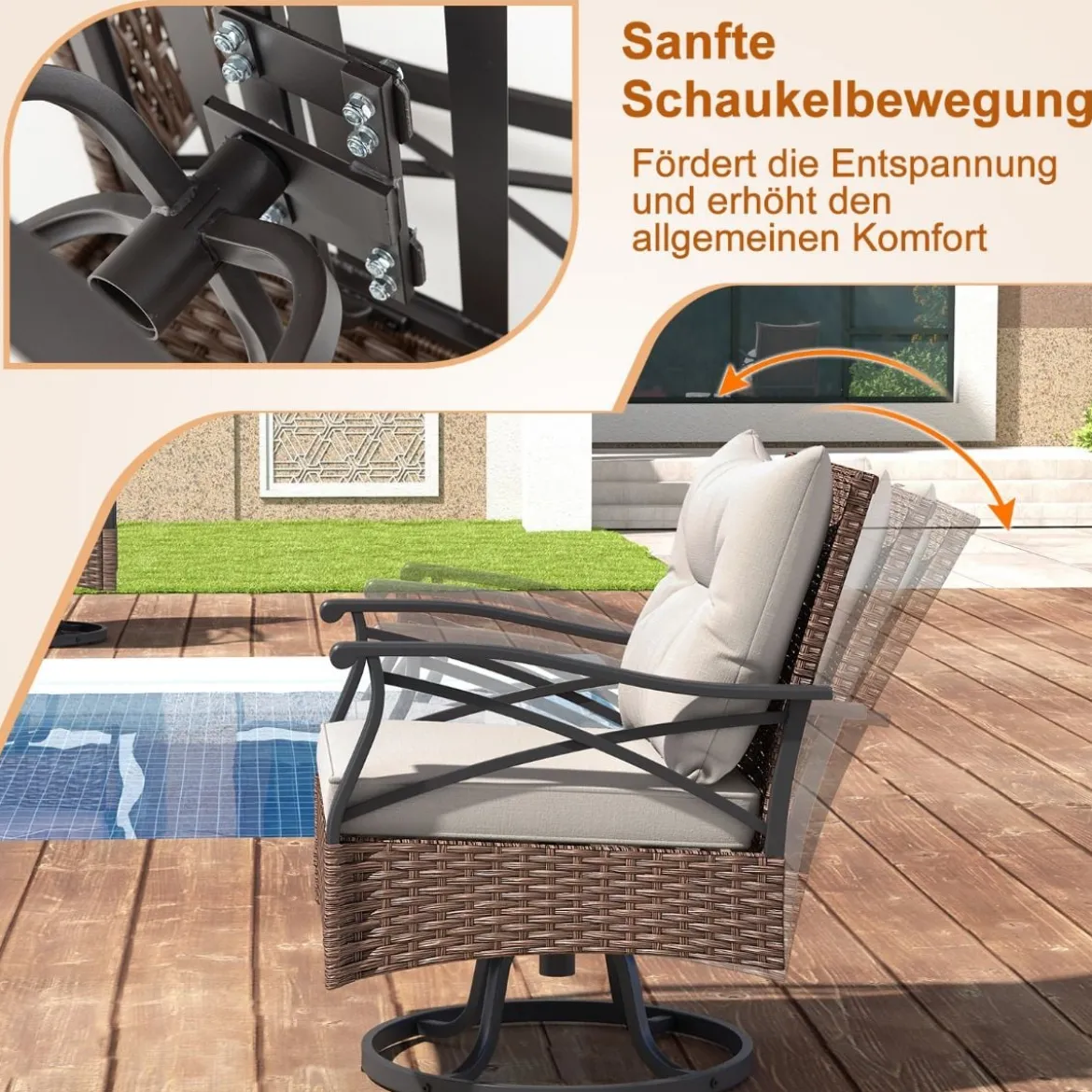 Rattan Gartenmöbel Set Balkonmöbel inkl. 2 Schaukelstühle mit Drehfunktion Gartengarnitur
