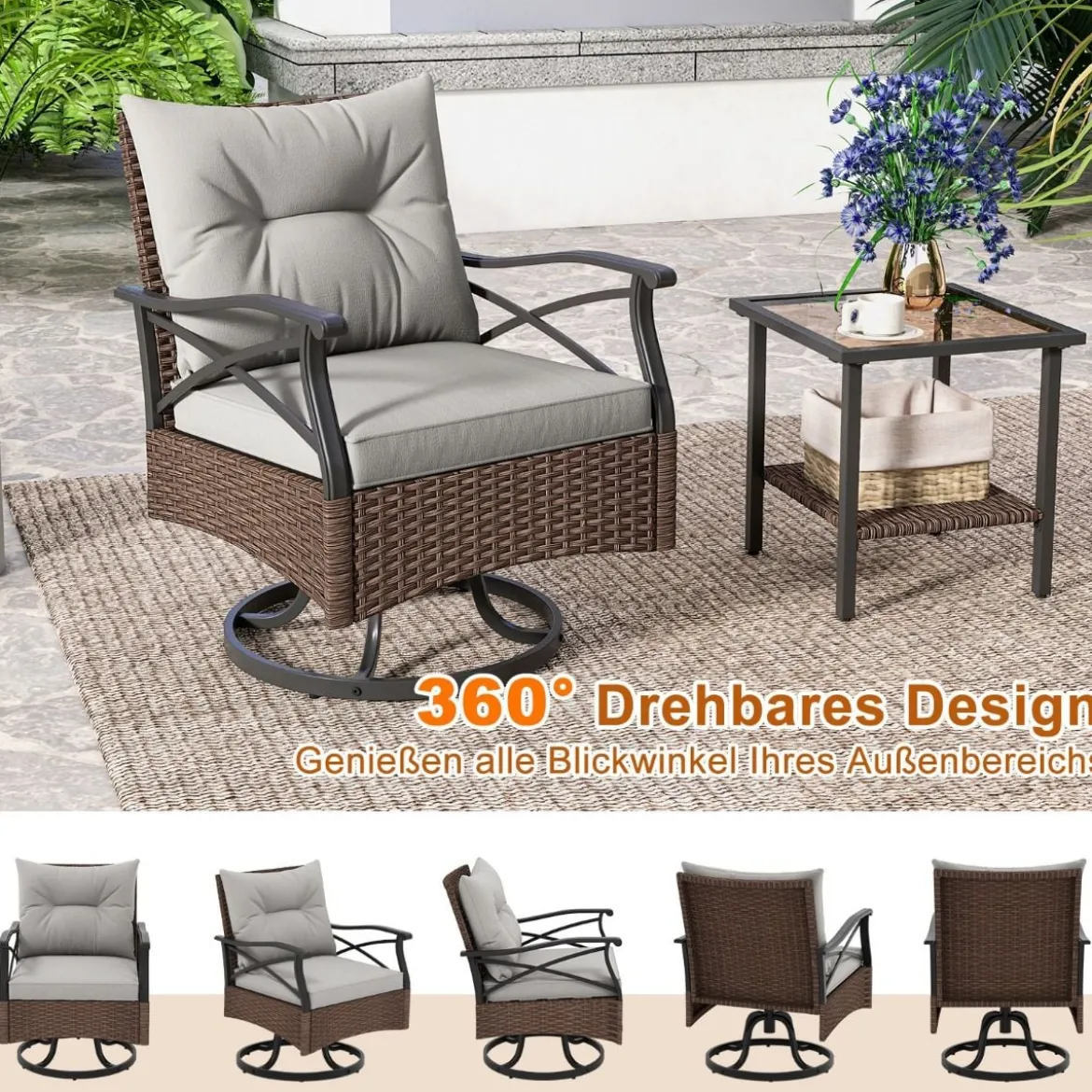 Rattan Gartenmöbel Set Balkonmöbel inkl. 2 Schaukelstühle mit Drehfunktion Gartengarnitur