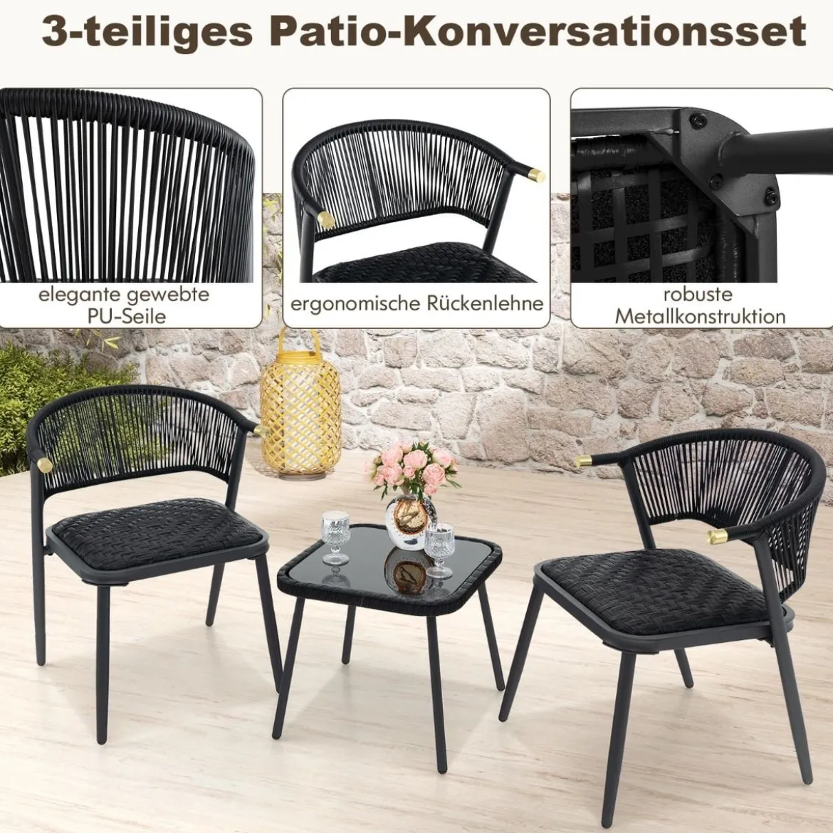 Rattan Gartenmöbel Set Balkonset mit 2 Stühlen und Tisch Balkonmöbel Braun gemischt