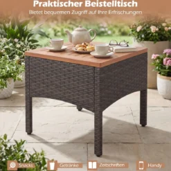 Rattan Gartenmöbel Set inkl. 2 Stühle mit Hocker & Tisch & Kissen Akazienholz Balkonset Creme