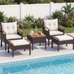 Rattan Gartenmöbel Set inkl. 2 Stühle mit Hocker & Tisch & Kissen Akazienholz Balkonset Creme