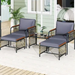 Rattan Gartenmöbel Set inkl. 2 Stühle mit Kissen & Hocker & Tisch Gartengarnitur Sitzgruppe Grau