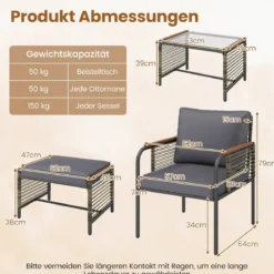 Rattan Gartenmöbel Set inkl. 2 Stühle mit Kissen & Hocker & Tisch Gartengarnitur Sitzgruppe Grau