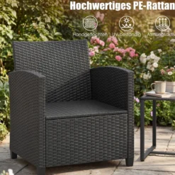 Rattan Gartenmöbel Set inkl. 2 Stühle mit Kissen & Tisch aus Glas Outdoor Sitzgruppe Schwarz-Beige