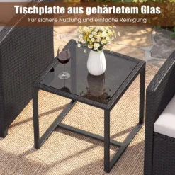 Rattan Gartenmöbel Set inkl. 2 Stühle mit Kissen & Tisch aus Glas Outdoor Sitzgruppe Schwarz-Beige
