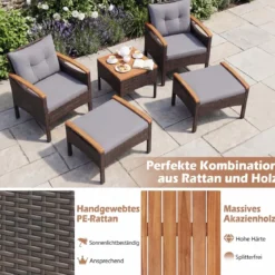 Rattan Gartenmöbel Set inkl. 2 Stühle mit Hocker & Tisch & Kissen Akazienholz Balkonset Grau
