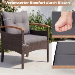 Rattan Gartenmöbel Set inkl. 2 Stühle mit Hocker & Tisch & Kissen Akazienholz Balkonset Grau
