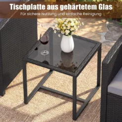 Rattan Gartenmöbel Set inkl. 2 Stühle mit Kissen & Tisch aus Glas Outdoor Sitzgruppe Schwarz-Grau