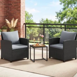 Rattan Gartenmöbel Set inkl. 2 Stühle mit Kissen & Tisch aus Glas Outdoor Sitzgruppe Schwarz-Grau