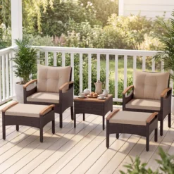 Rattan Gartenmöbel Set inkl. 2 Stühle mit Hocker & Tisch & Kissen Akazienholz Balkonset Beige