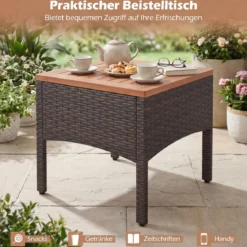 Rattan Gartenmöbel Set inkl. 2 Stühle mit Hocker & Tisch & Kissen Akazienholz Balkonset Beige