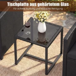 Rattan Gartenmöbel Set inkl. 2 Stühle mit Kissen & Tisch aus Glas Outdoor Sitzgruppe Schwarz-Schwarz