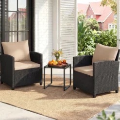 Rattan Gartenmöbel Set inkl. 2 Stühle mit Kissen & Tisch aus Glas Outdoor Sitzgruppe Schwarz-Khaki