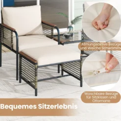Rattan Gartenmöbel Set inkl. 2 Stühle mit Kissen & Hocker & Tisch Gartengarnitur Sitzgruppe Beige