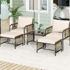 Rattan Gartenmöbel Set inkl. 2 Stühle mit Kissen & Hocker & Tisch Gartengarnitur Sitzgruppe Beige
