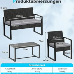 Rattan Gartenmöbel Set mit 2 Sessel & Bank & Tisch & Sitzkissen Outdoor Lounge Möbel Grau
