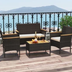 Rattan Gartenmöbel Set mit 2 Sessel & Bank & Tisch & Kissen Outdoor Lounge Möbel Sitzgarnitur