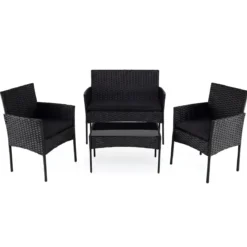 Rattan Gartenmöbel Set mit 2 Stühlen & Bank & Tisch & Kissen Sitzgruppe Gartengarnitur Schwarz
