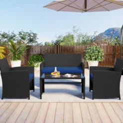 Rattan Gartenmöbel Set mit 2 Stühlen & Bank & Tisch & Kissen Outdoor Lounge Möbel Gartengarnitur Blau
