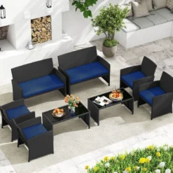 Rattan Gartenmöbel Set mit 2 Stühlen & Bank & Tisch & Kissen Outdoor Lounge Möbel Gartengarnitur Blau