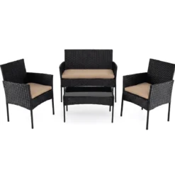 Rattan Gartenmöbel Set mit 2 Stühlen & Bank & Tisch & Kissen Sitzgruppe Gartengarnitur Khaki