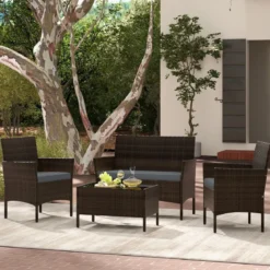 Rattan Gartenmöbel Set Sitzgruppe mit 2 Sessel & Bank & Tisch & Sitzkissen Sitzgarnitur Grau