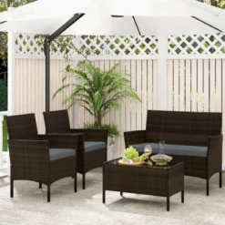 Rattan Gartenmöbel Set Sitzgruppe mit 2 Sessel & Bank & Tisch & Sitzkissen Sitzgarnitur Grau