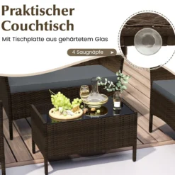 Rattan Gartenmöbel Set Sitzgruppe mit 2 Sessel & Bank & Tisch & Sitzkissen Sitzgarnitur Grau