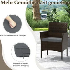 Rattan Gartenmöbel Set Sitzgruppe mit 2 Sessel & Bank & Tisch & Sitzkissen Sitzgarnitur Grau