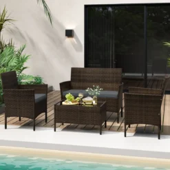 Rattan Gartenmöbel Set Sitzgruppe mit 2 Sessel & Bank & Tisch & Sitzkissen Sitzgarnitur Grau