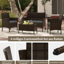 Rattan Gartenmöbel Set Sitzgruppe mit 2 Sessel & Bank & Tisch & Sitzkissen Sitzgarnitur Grau