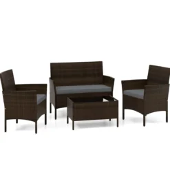 Rattan Gartenmöbel Set Sitzgruppe mit 2 Sessel & Bank & Tisch & Sitzkissen Sitzgarnitur Grau