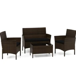 Rattan Gartenmöbel Set Sitzgruppe mit 2 Sessel & Bank & Tisch & Sitzkissen Sitzgarnitur Schwarz