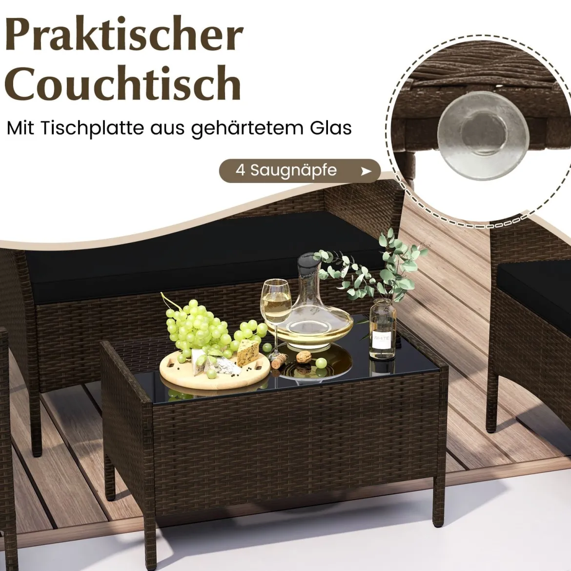 Rattan Gartenmöbel Set Sitzgruppe mit 2 Sessel & Bank & Tisch & Sitzkissen Sitzgarnitur Schwarz