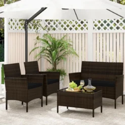 Rattan Gartenmöbel Set Sitzgruppe mit 2 Sessel & Bank & Tisch & Sitzkissen Sitzgarnitur Schwarz