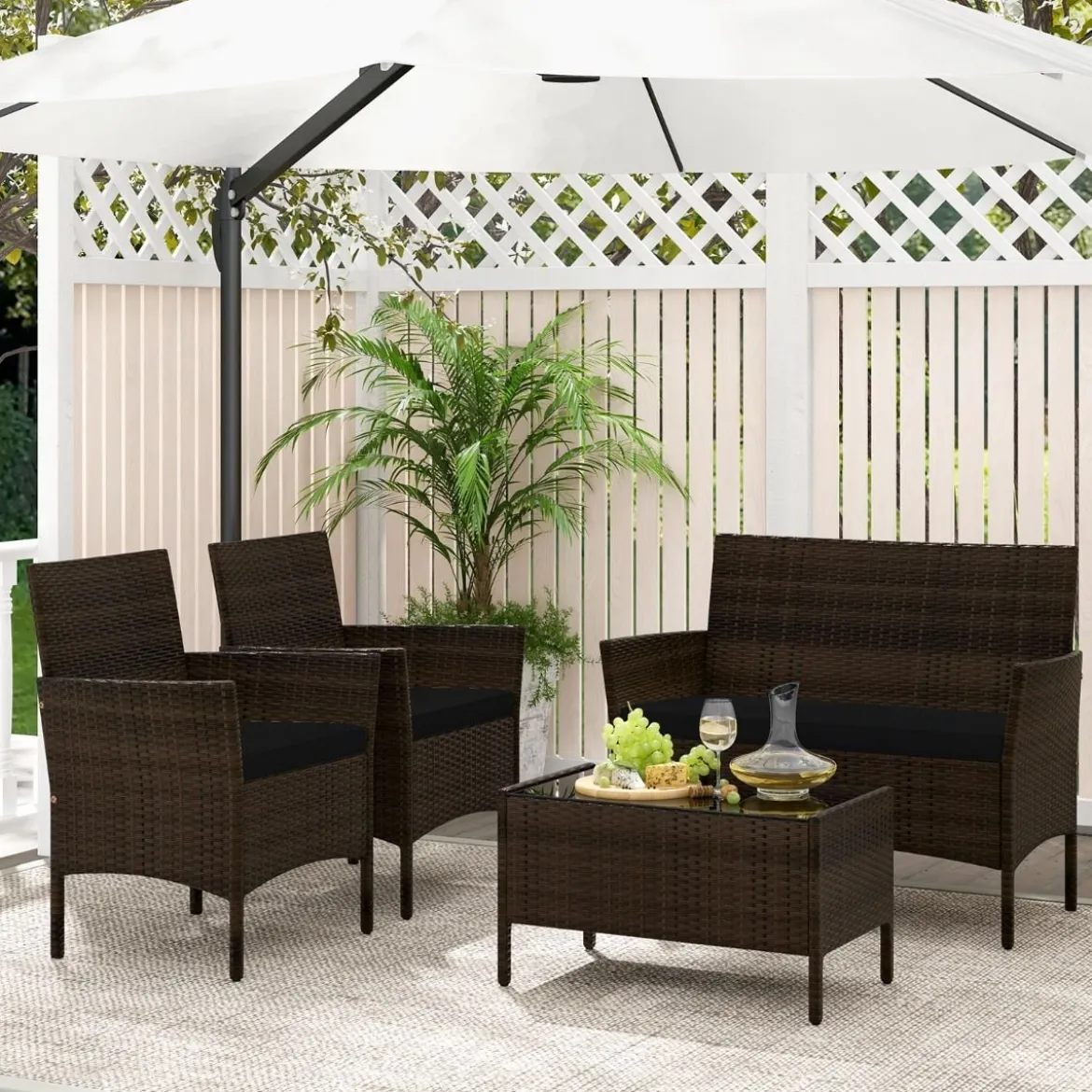 Rattan Gartenmöbel Set Sitzgruppe mit 2 Sessel & Bank & Tisch & Sitzkissen Sitzgarnitur Schwarz