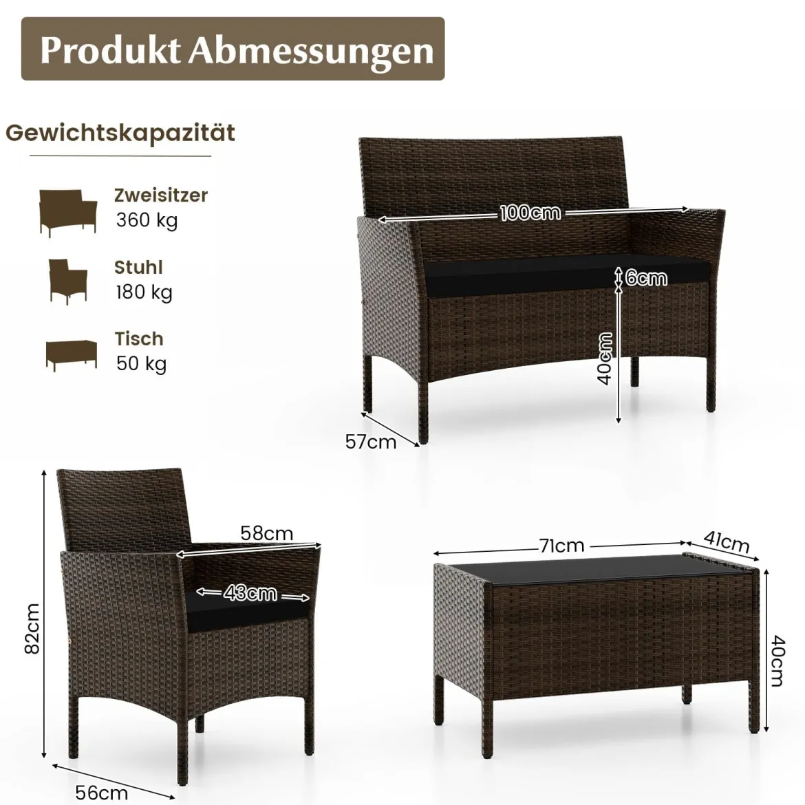 Rattan Gartenmöbel Set Sitzgruppe mit 2 Sessel & Bank & Tisch & Sitzkissen Sitzgarnitur Schwarz