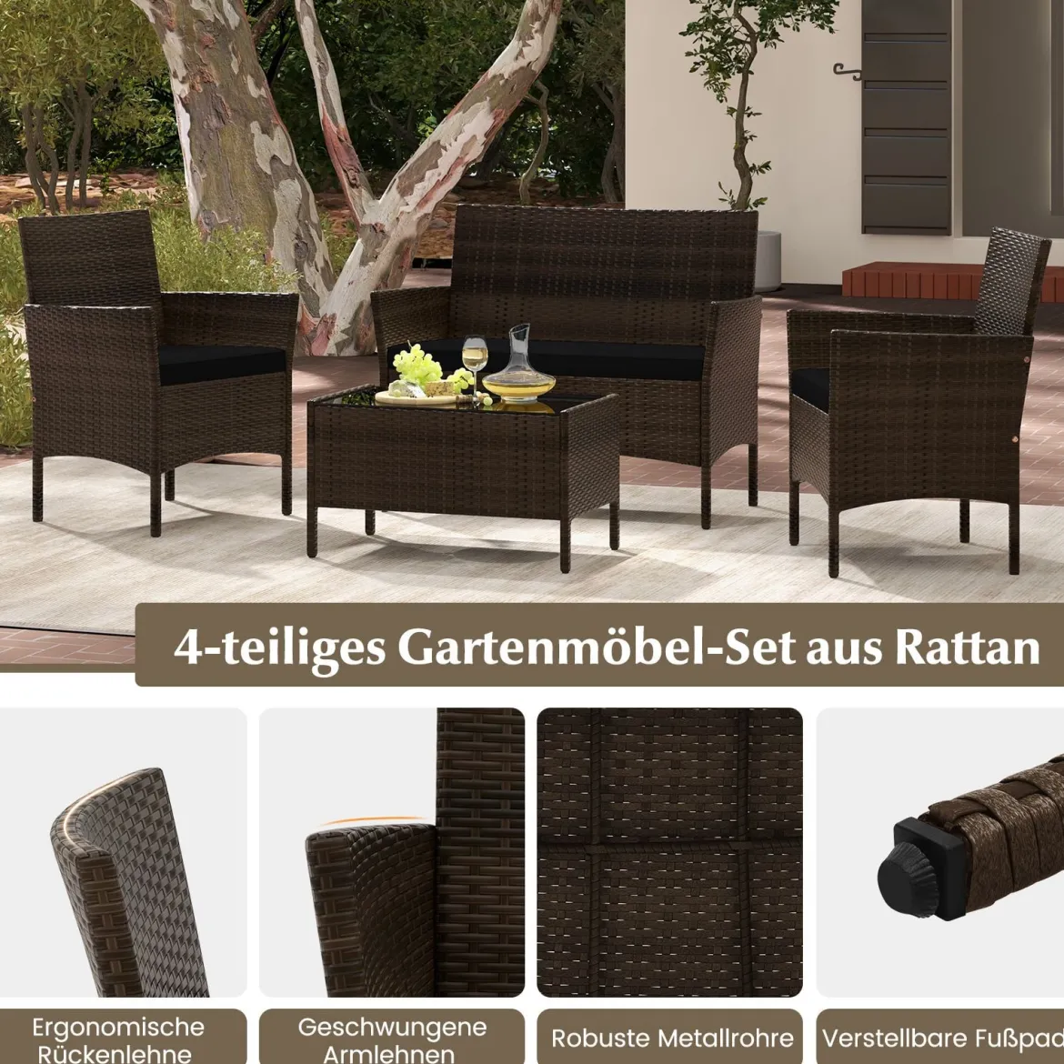 Rattan Gartenmöbel Set Sitzgruppe mit 2 Sessel & Bank & Tisch & Sitzkissen Sitzgarnitur Schwarz