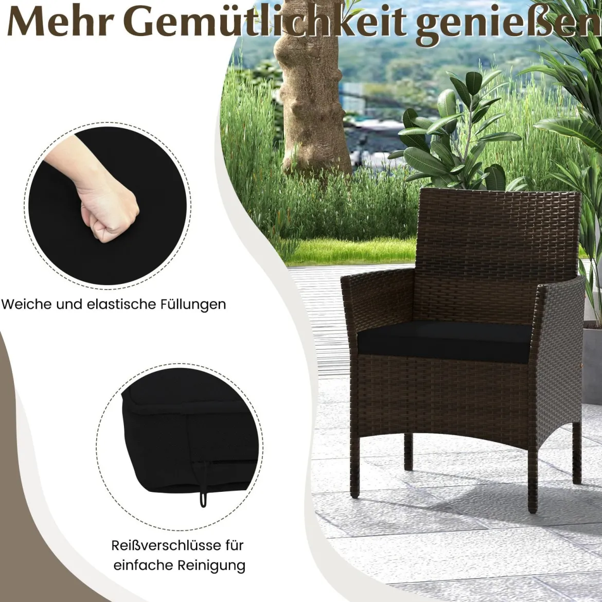 Rattan Gartenmöbel Set Sitzgruppe mit 2 Sessel & Bank & Tisch & Sitzkissen Sitzgarnitur Schwarz
