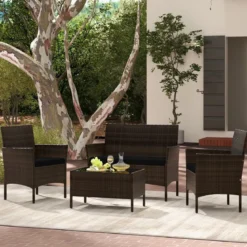 Rattan Gartenmöbel Set Sitzgruppe mit 2 Sessel & Bank & Tisch & Sitzkissen Sitzgarnitur Schwarz