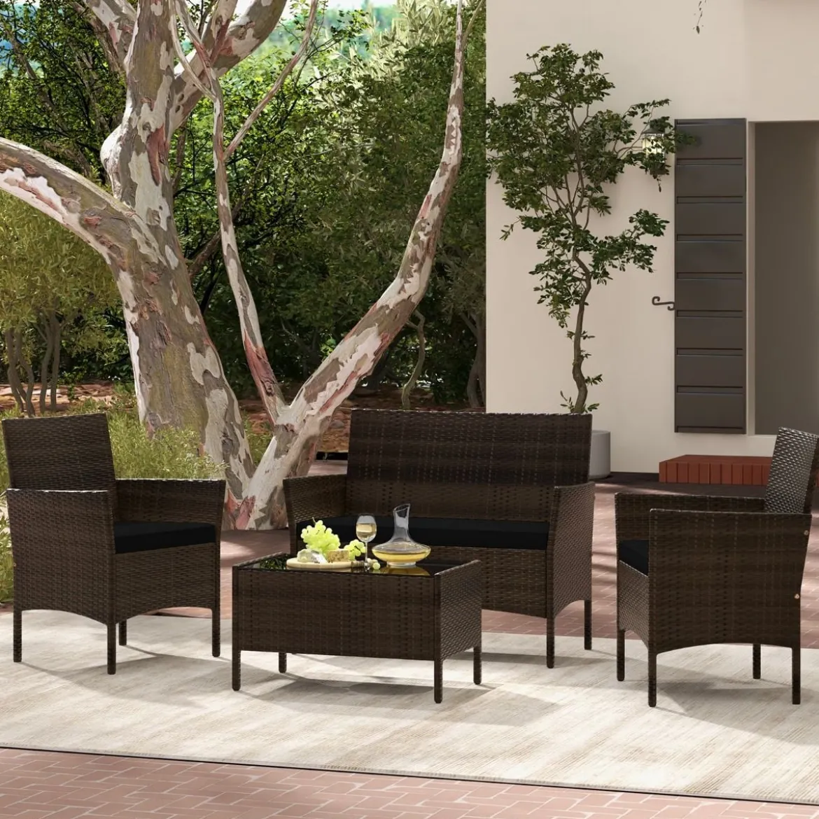 Rattan Gartenmöbel Set Sitzgruppe mit 2 Sessel & Bank & Tisch & Sitzkissen Sitzgarnitur Schwarz