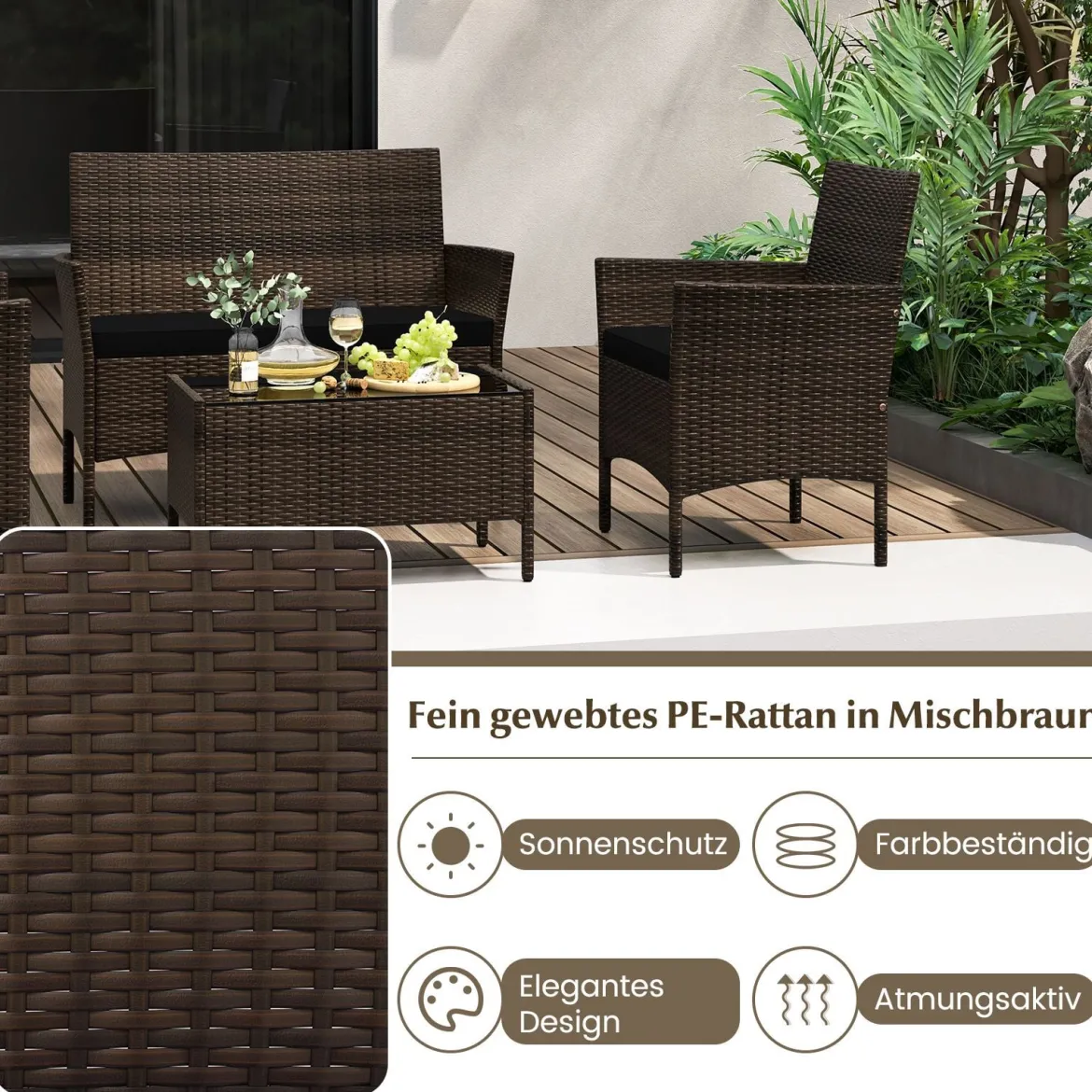 Rattan Gartenmöbel Set Sitzgruppe mit 2 Sessel & Bank & Tisch & Sitzkissen Sitzgarnitur Schwarz