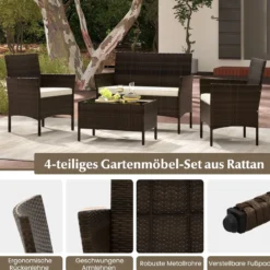 Rattan Gartenmöbel Set Sitzgruppe mit 2 Sessel & Bank & Tisch & Sitzkissen Sitzgarnitur Braun